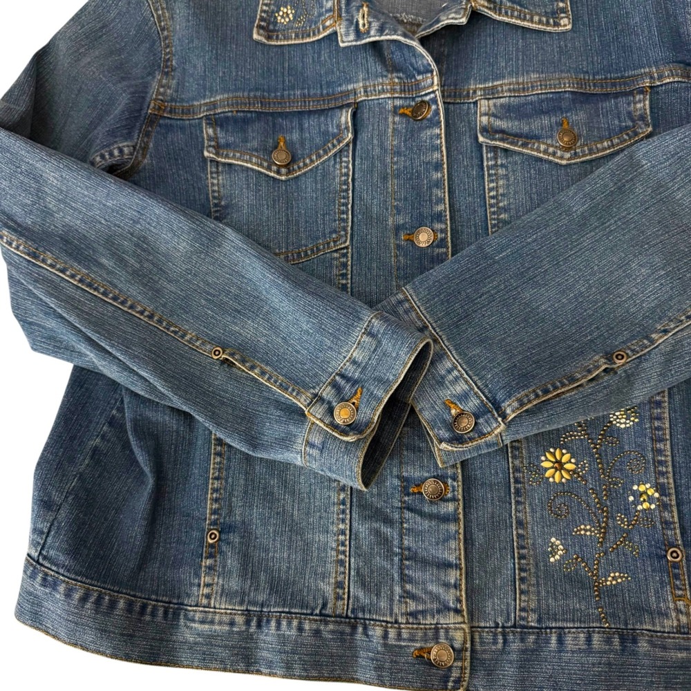 90's Sunburst Denim Jacket Women L Blue Floral Studded Rhinestone Trucker Coat - Picture 13 of 16